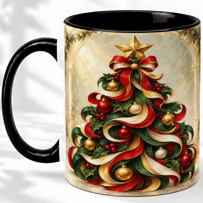 #pl[11oz|Black] Ribbon Christmas Tree Accent Mug, Ceramic Red Green Holiday Cup