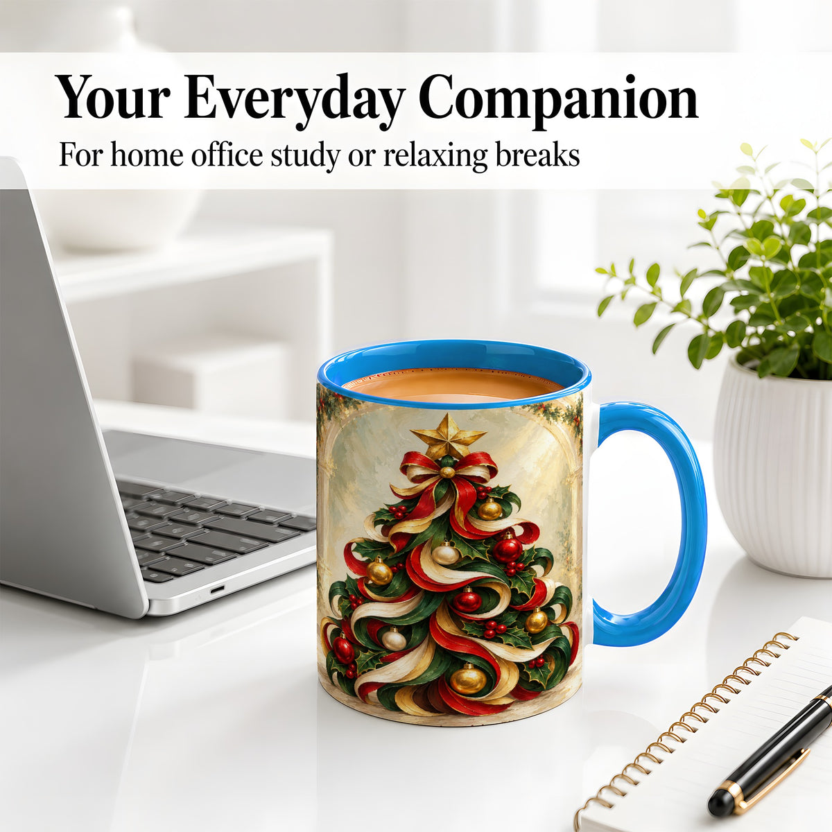 #pl[11oz|Blue] Ribbon Christmas Tree Accent Mug, Ceramic Red Green Holiday Cup