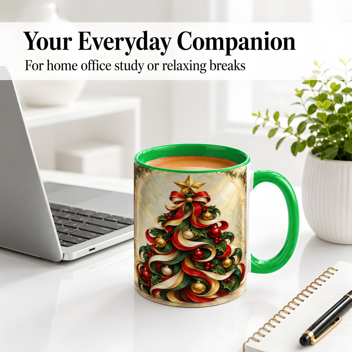 #pl[11oz|Green] Ribbon Christmas Tree Accent Mug, Ceramic Red Green Holiday Cup