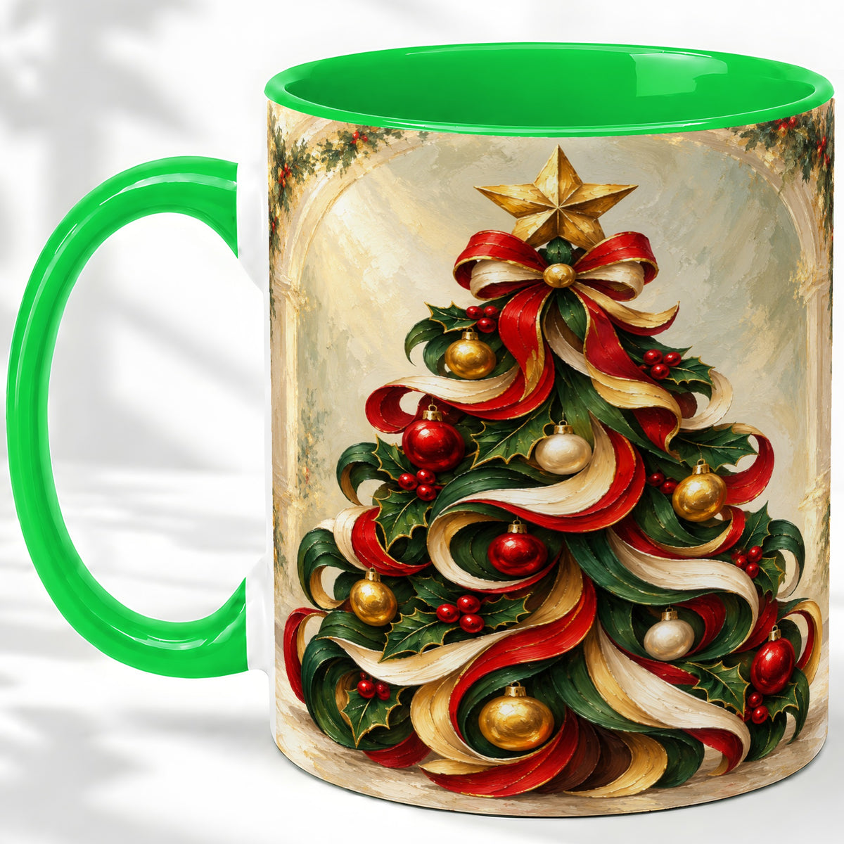 #pl[11oz|Green] Ribbon Christmas Tree Accent Mug, Ceramic Red Green Holiday Cup