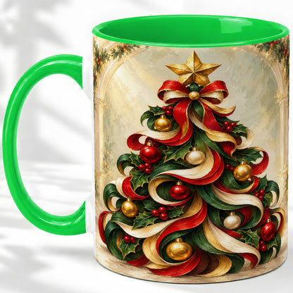 #pl[11oz|Green] Ribbon Christmas Tree Accent Mug, Ceramic Red Green Holiday Cup