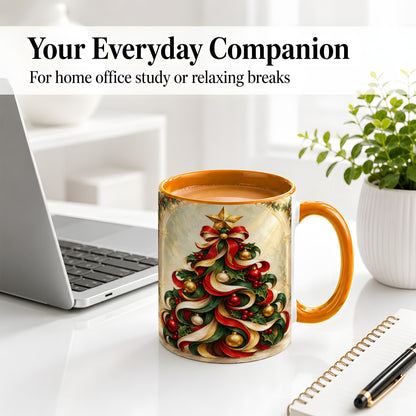 #pl[11oz|Orange] Ribbon Christmas Tree Accent Mug, Ceramic Red Green Holiday Cup