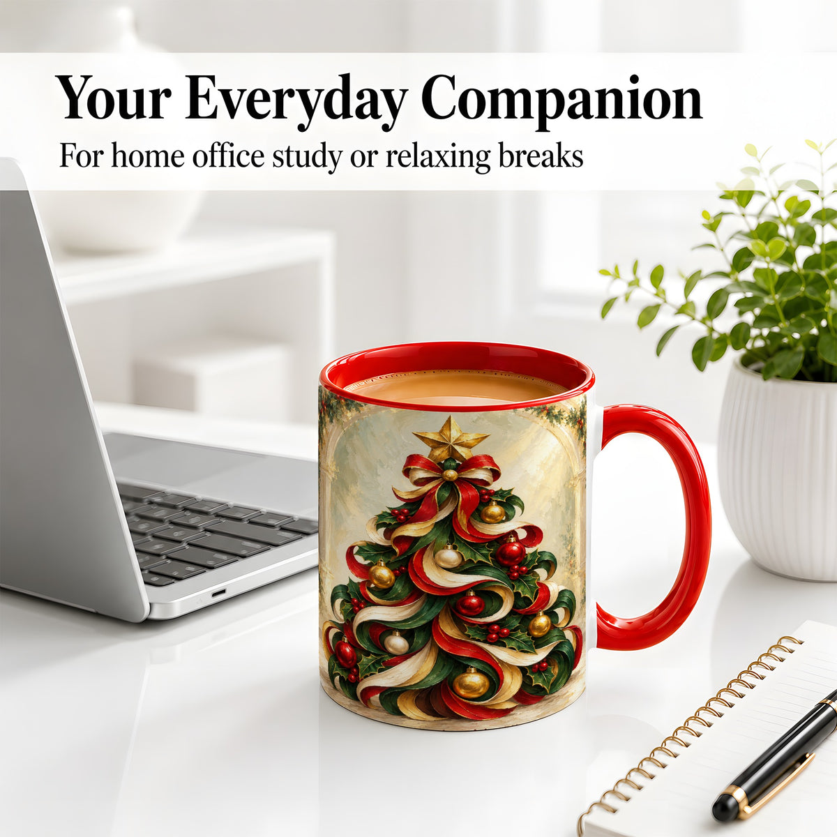 #pl[11oz|Red] Ribbon Christmas Tree Accent Mug, Ceramic Red Green Holiday Cup