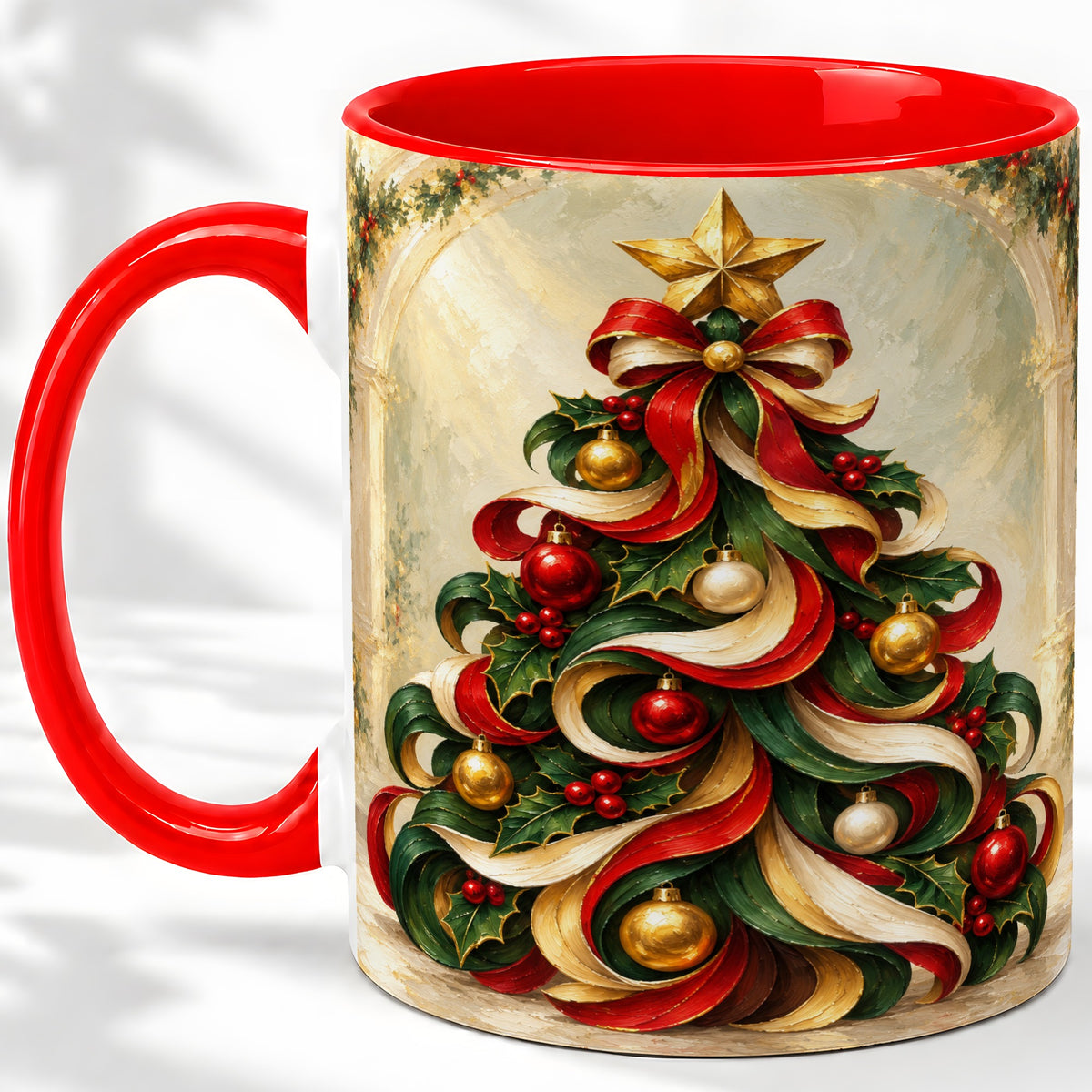Ribbon Christmas Tree Accent Mug, Ceramic Red Green Holiday Cup