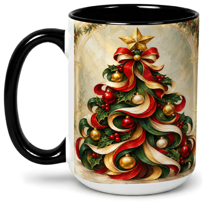 #pl[15oz|Black] Ribbon Christmas Tree Accent Mug, Ceramic Red Green Holiday Cup