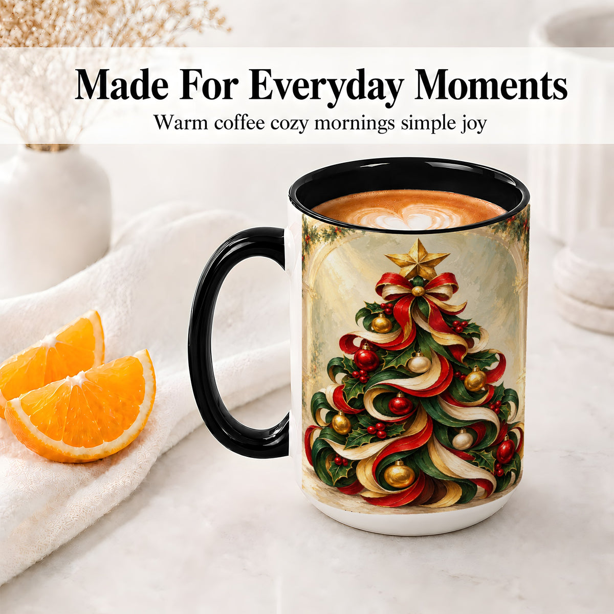 #pl[15oz|Black] Ribbon Christmas Tree Accent Mug, Ceramic Red Green Holiday Cup