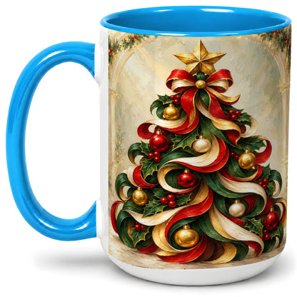 #pl[15oz|Blue] Ribbon Christmas Tree Accent Mug, Ceramic Red Green Holiday Cup