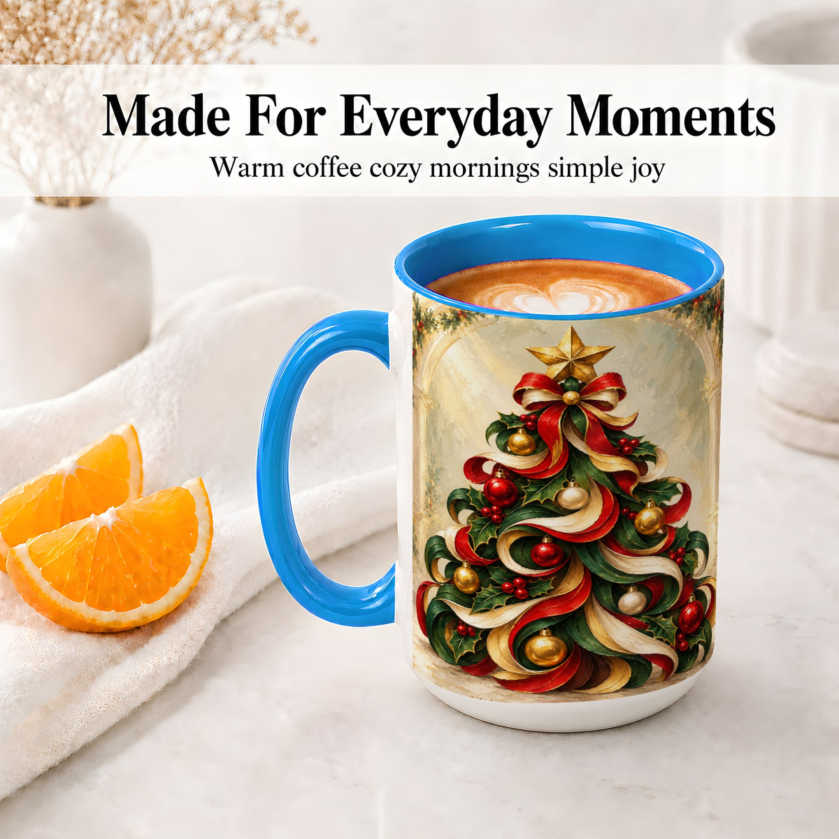 #pl[15oz|Blue] Ribbon Christmas Tree Accent Mug, Ceramic Red Green Holiday Cup