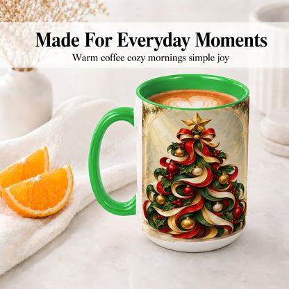 #pl[15oz|Green] Ribbon Christmas Tree Accent Mug, Ceramic Red Green Holiday Cup