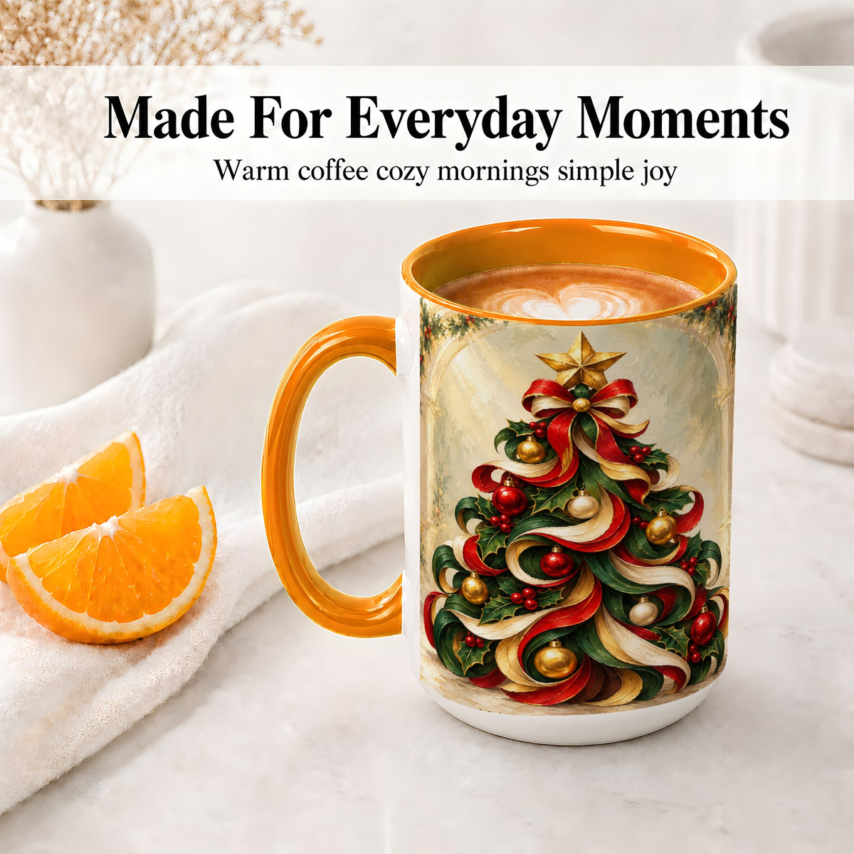 #pl[15oz|Orange] Ribbon Christmas Tree Accent Mug, Ceramic Red Green Holiday Cup