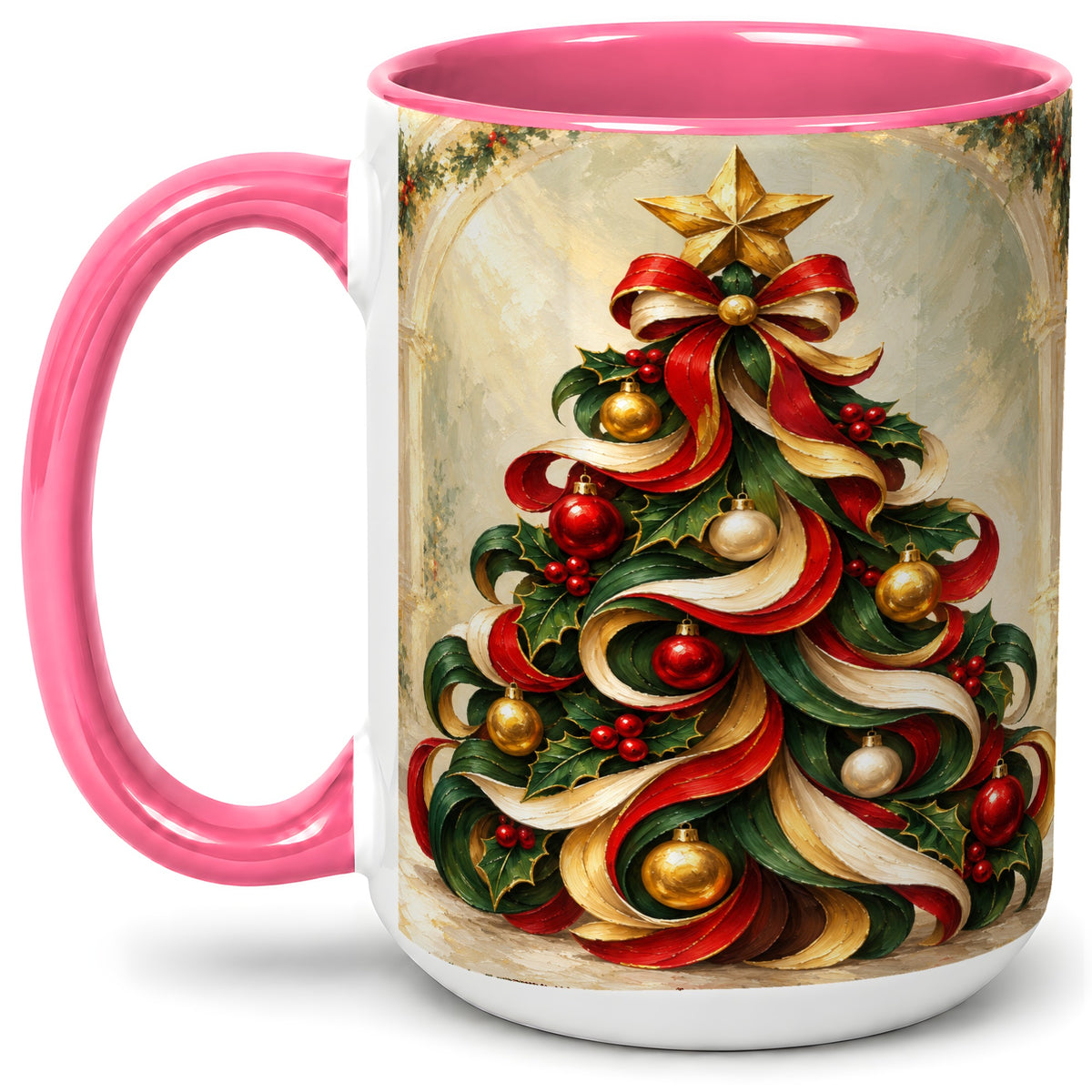 #pl[15oz|Pink] Ribbon Christmas Tree Accent Mug, Ceramic Red Green Holiday Cup
