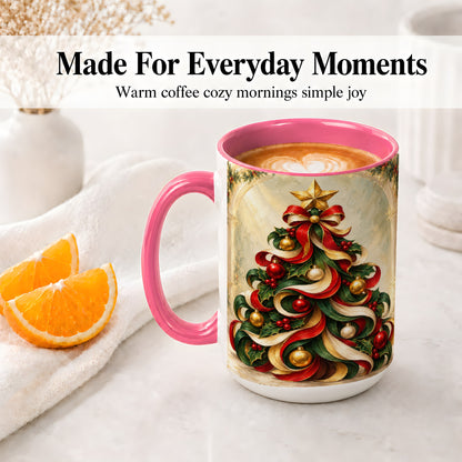 #pl[15oz|Pink] Ribbon Christmas Tree Accent Mug, Ceramic Red Green Holiday Cup