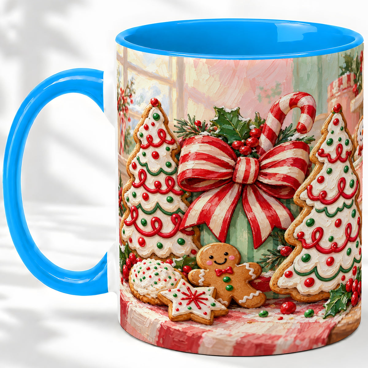 #pl[11oz|Blue] Christmas Tree Cookies Accent Mug, Ceramic Gingerbread Coffee Cup