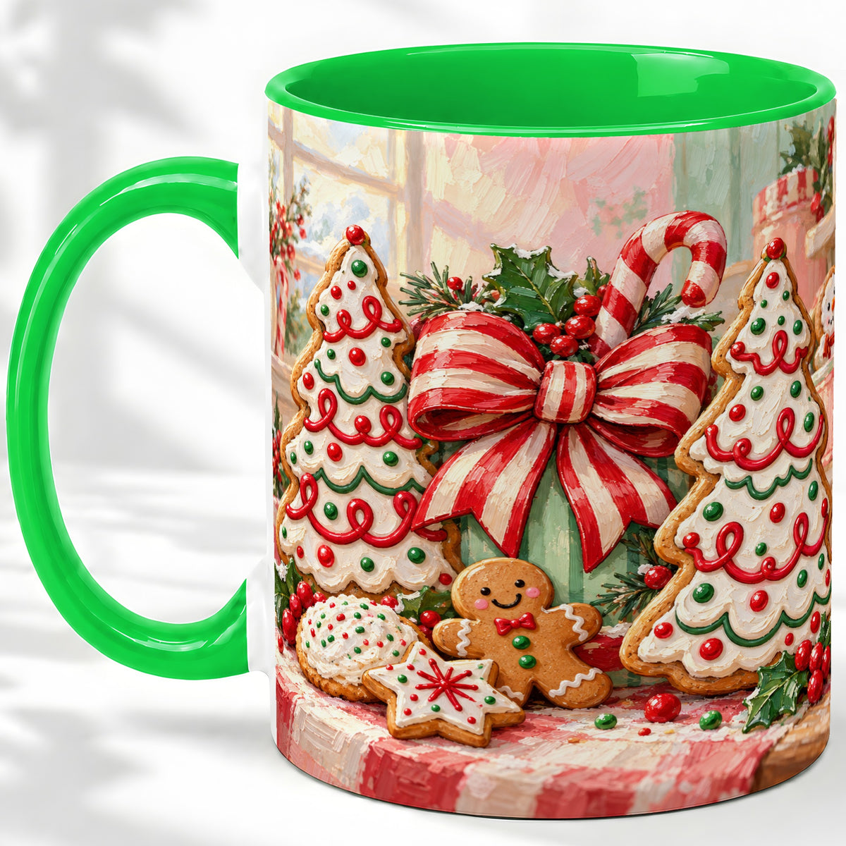 #pl[11oz|Green] Christmas Tree Cookies Accent Mug, Ceramic Gingerbread Coffee Cup