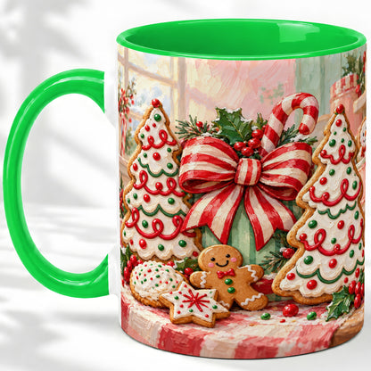 #pl[11oz|Green] Christmas Tree Cookies Accent Mug, Ceramic Gingerbread Coffee Cup