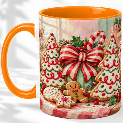 #pl[11oz|Orange] Christmas Tree Cookies Accent Mug, Ceramic Gingerbread Coffee Cup