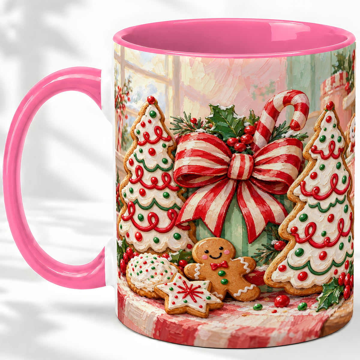 #pl[11oz|Pink] Christmas Tree Cookies Accent Mug, Ceramic Gingerbread Coffee Cup