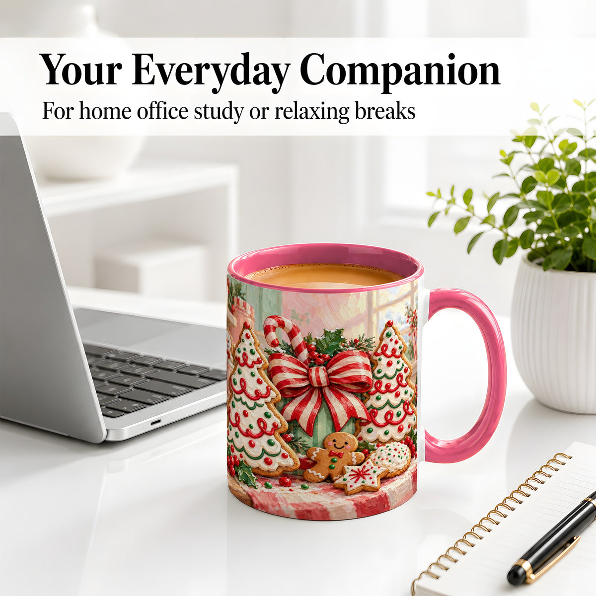 #pl[11oz|Pink] Christmas Tree Cookies Accent Mug, Ceramic Gingerbread Coffee Cup