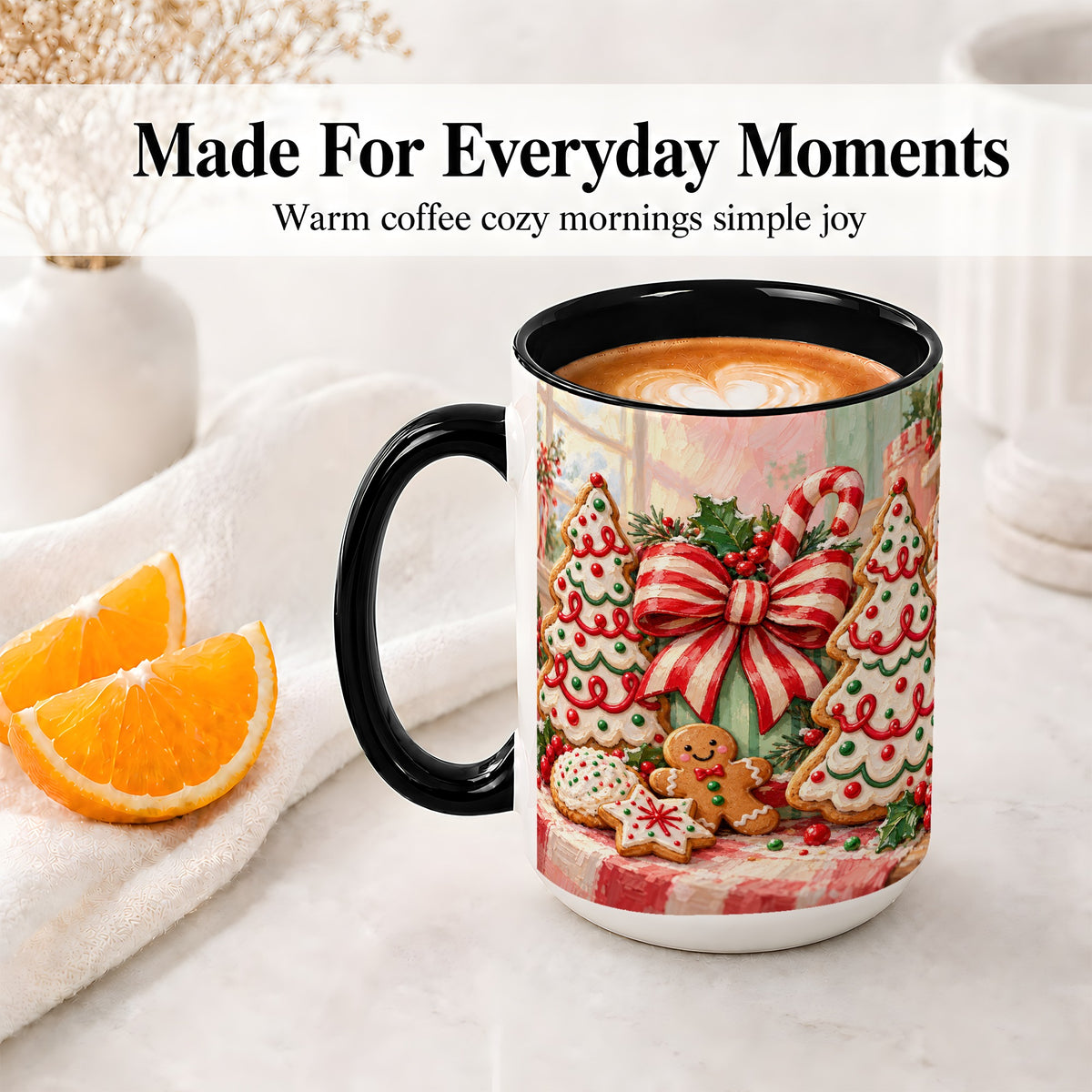 #pl[15oz|Black] Christmas Tree Cookies Accent Mug, Ceramic Gingerbread Coffee Cup
