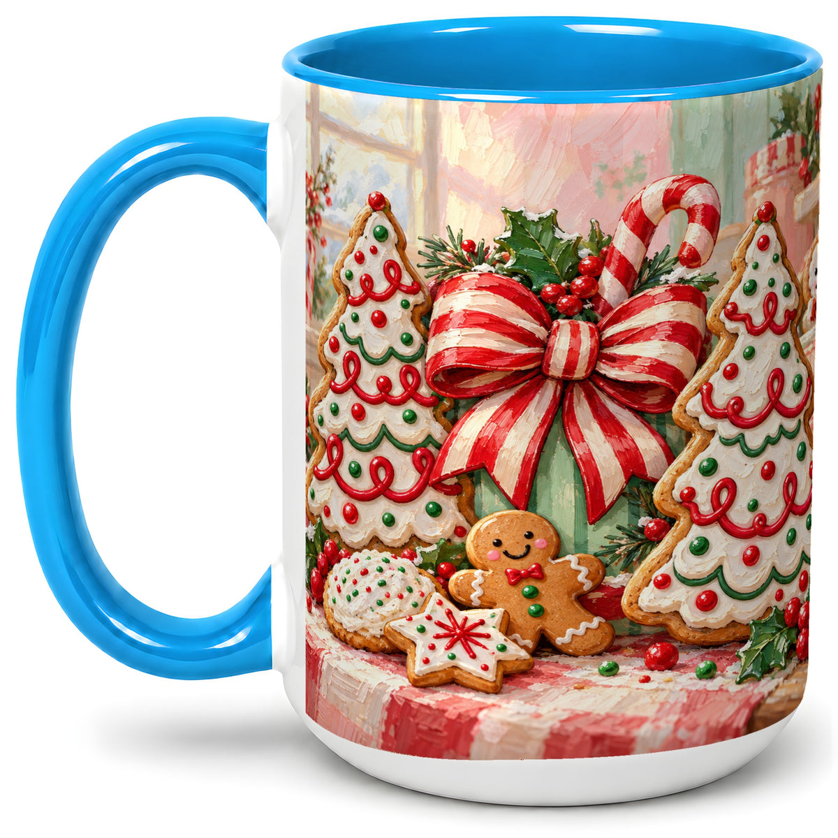 #pl[15oz|Blue] Christmas Tree Cookies Accent Mug, Ceramic Gingerbread Coffee Cup