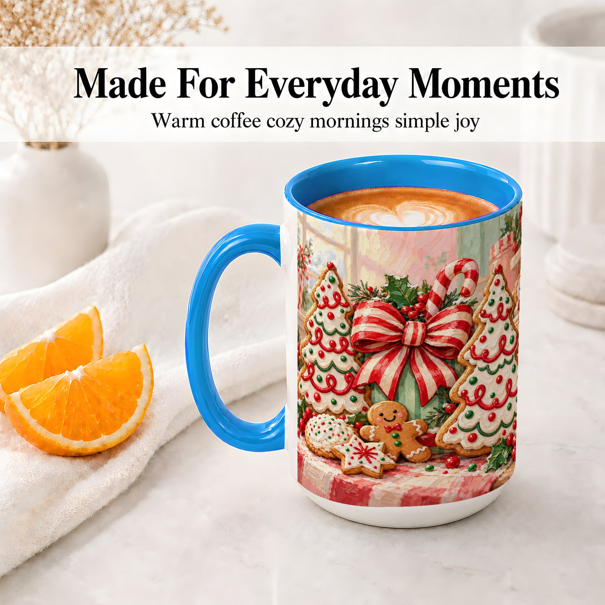 #pl[15oz|Blue] Christmas Tree Cookies Accent Mug, Ceramic Gingerbread Coffee Cup