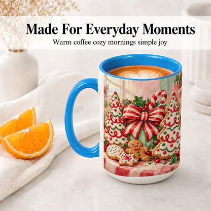 #pl[15oz|Blue] Christmas Tree Cookies Accent Mug, Ceramic Gingerbread Coffee Cup