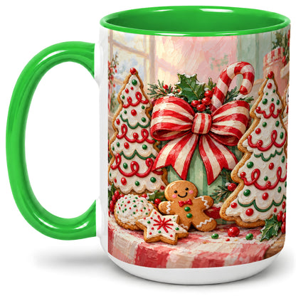 #pl[15oz|Green] Christmas Tree Cookies Accent Mug, Ceramic Gingerbread Coffee Cup