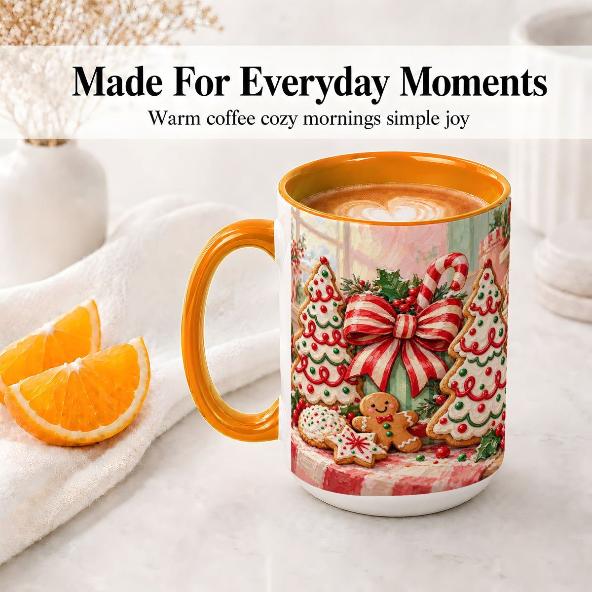 #pl[15oz|Orange] Christmas Tree Cookies Accent Mug, Ceramic Gingerbread Coffee Cup