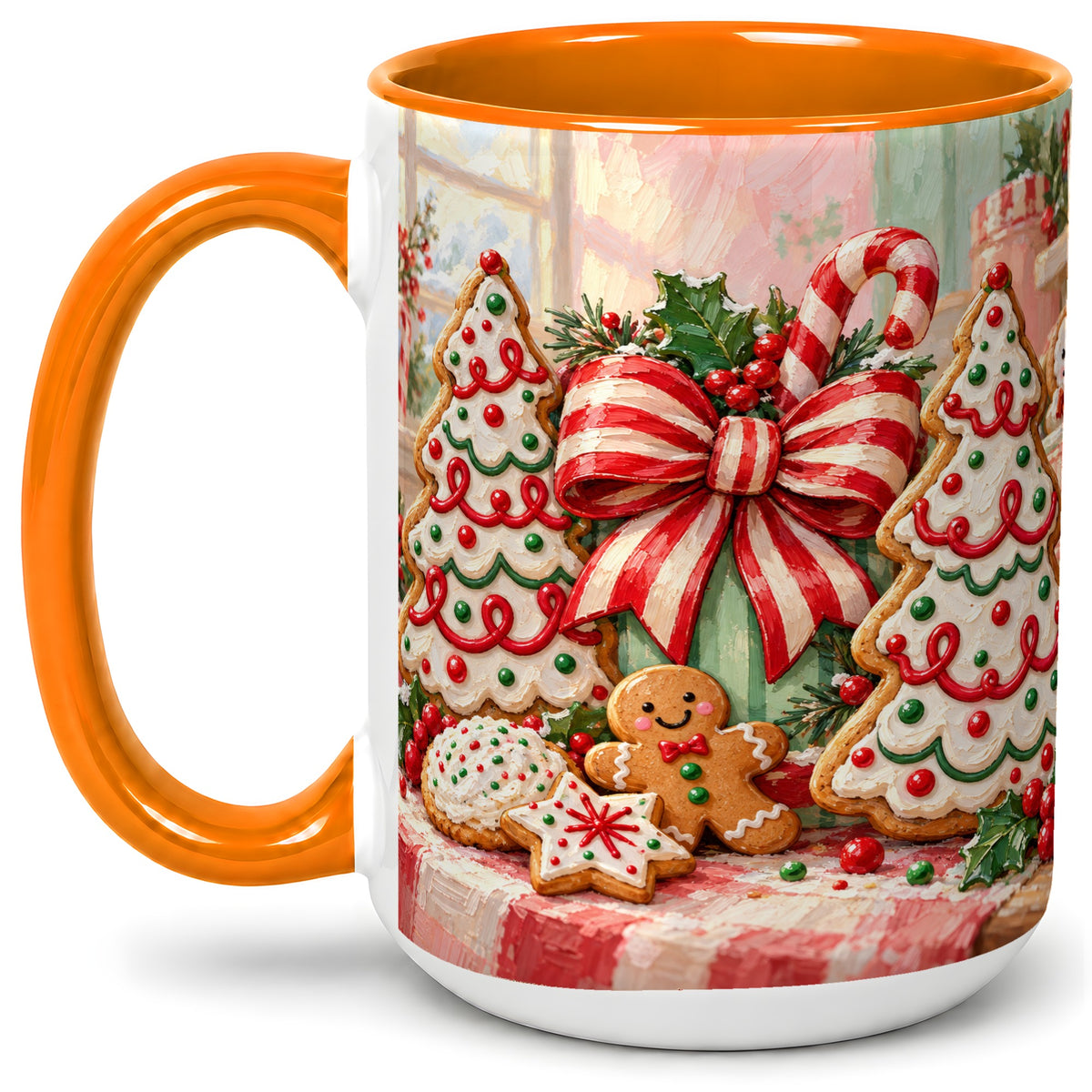 #pl[15oz|Orange] Christmas Tree Cookies Accent Mug, Ceramic Gingerbread Coffee Cup