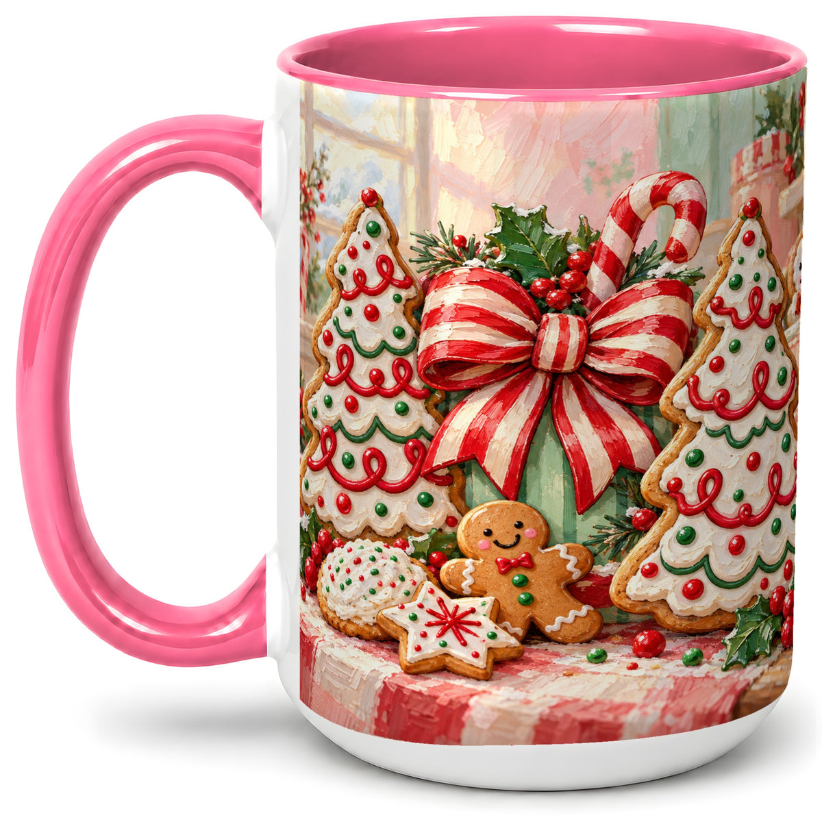 #pl[15oz|Pink] Christmas Tree Cookies Accent Mug, Ceramic Gingerbread Coffee Cup