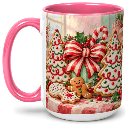 #pl[15oz|Pink] Christmas Tree Cookies Accent Mug, Ceramic Gingerbread Coffee Cup