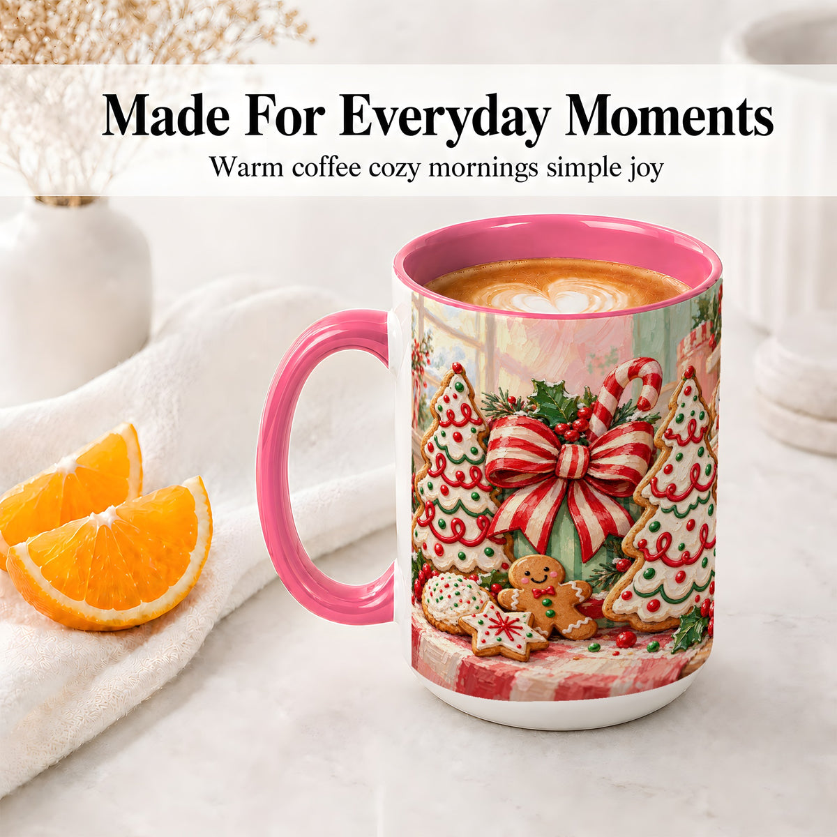 #pl[15oz|Pink] Christmas Tree Cookies Accent Mug, Ceramic Gingerbread Coffee Cup