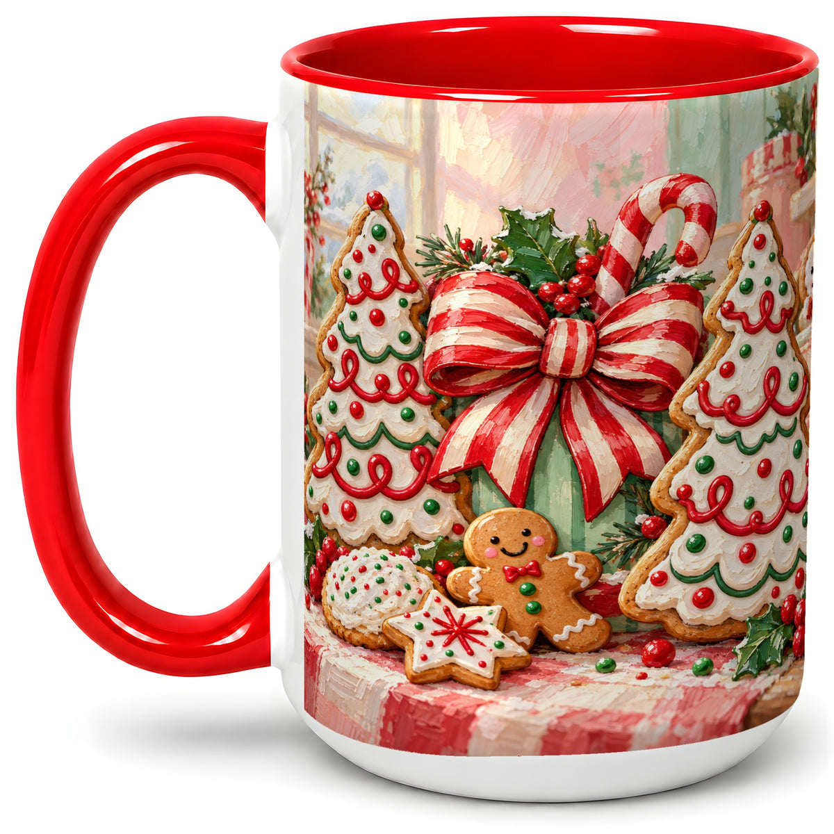 #pl[15oz|Red] Christmas Tree Cookies Accent Mug, Ceramic Gingerbread Coffee Cup