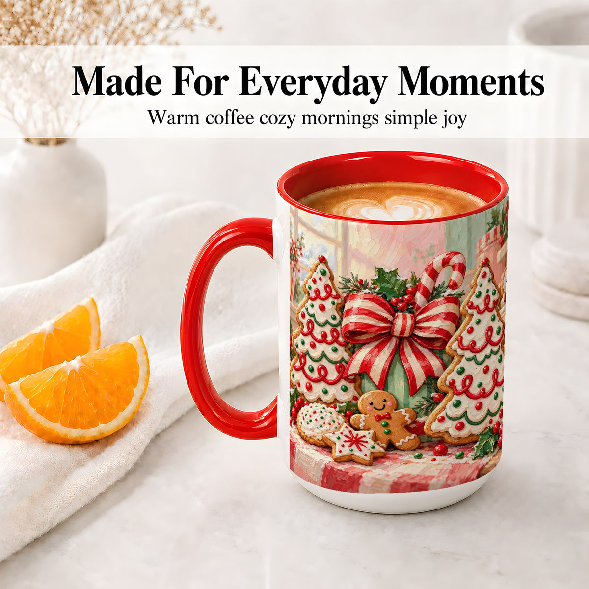 #pl[15oz|Red] Christmas Tree Cookies Accent Mug, Ceramic Gingerbread Coffee Cup