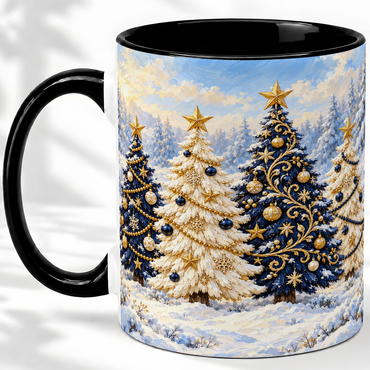 #pl[11oz|Black] Navy Blue Christmas Trees Accent Mug, Ceramic Holiday Coffee Cup