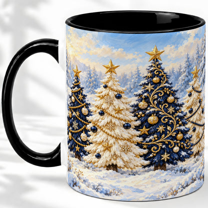 #pl[11oz|Black] Navy Blue Christmas Trees Accent Mug, Ceramic Holiday Coffee Cup