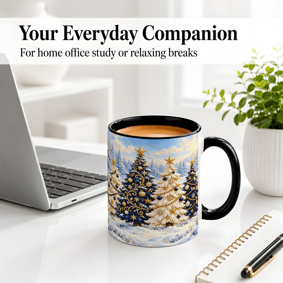 #pl[11oz|Black] Navy Blue Christmas Trees Accent Mug, Ceramic Holiday Coffee Cup