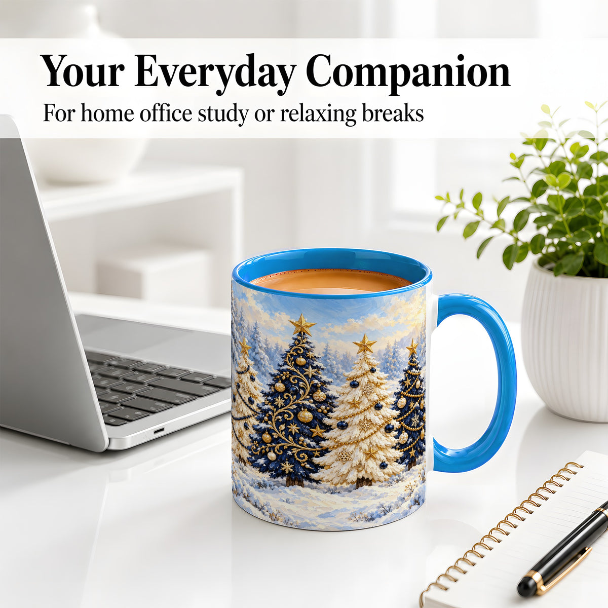 #pl[11oz|Blue] Navy Blue Christmas Trees Accent Mug, Ceramic Holiday Coffee Cup