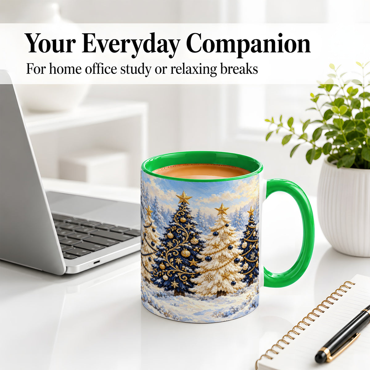 #pl[11oz|Green] Navy Blue Christmas Trees Accent Mug, Ceramic Holiday Coffee Cup