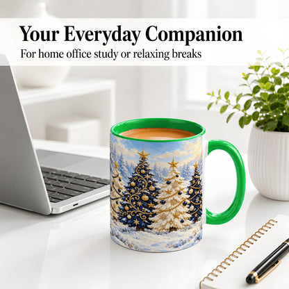 #pl[11oz|Green] Navy Blue Christmas Trees Accent Mug, Ceramic Holiday Coffee Cup