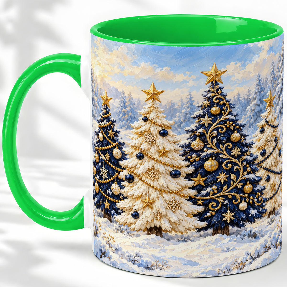 #pl[11oz|Green] Navy Blue Christmas Trees Accent Mug, Ceramic Holiday Coffee Cup