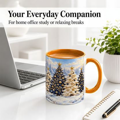 #pl[11oz|Orange] Navy Blue Christmas Trees Accent Mug, Ceramic Holiday Coffee Cup