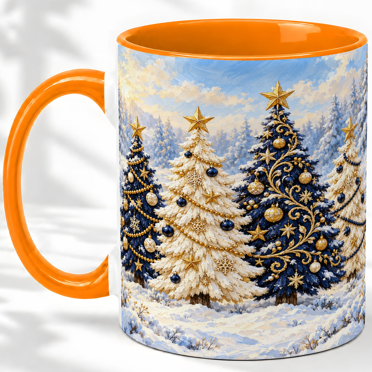 #pl[11oz|Orange] Navy Blue Christmas Trees Accent Mug, Ceramic Holiday Coffee Cup