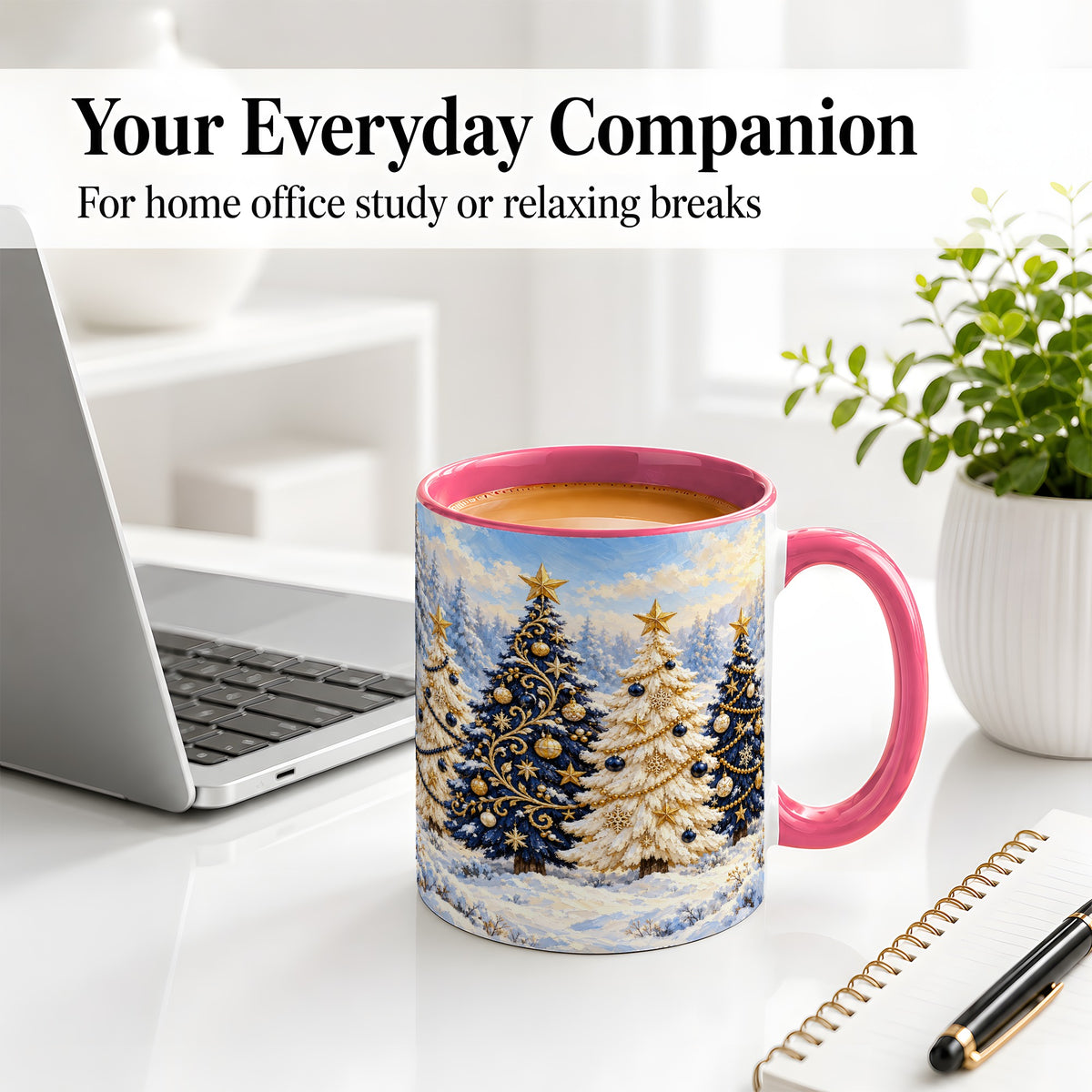 #pl[11oz|Pink] Navy Blue Christmas Trees Accent Mug, Ceramic Holiday Coffee Cup