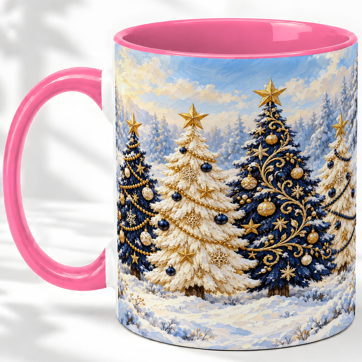 #pl[11oz|Pink] Navy Blue Christmas Trees Accent Mug, Ceramic Holiday Coffee Cup