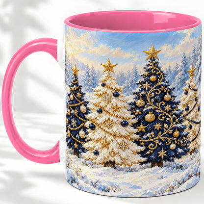 #pl[11oz|Pink] Navy Blue Christmas Trees Accent Mug, Ceramic Holiday Coffee Cup