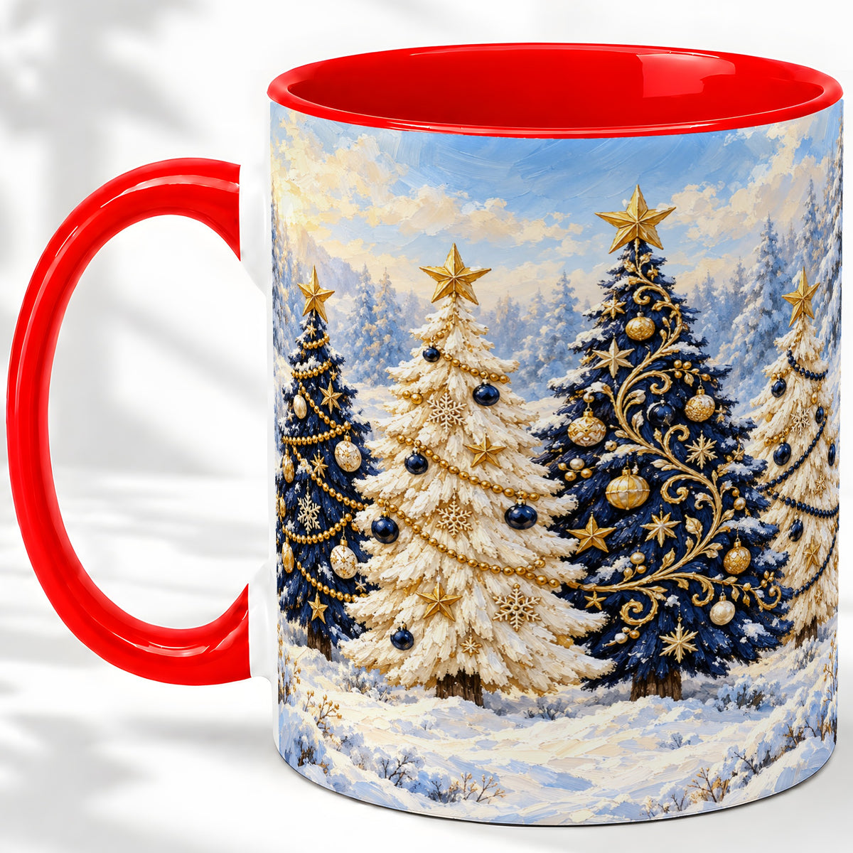 Navy Blue Christmas Trees Accent Mug, Ceramic Holiday Coffee Cup