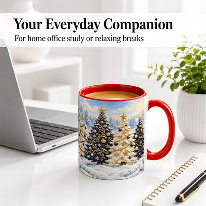 #pl[11oz|Red] Navy Blue Christmas Trees Accent Mug, Ceramic Holiday Coffee Cup