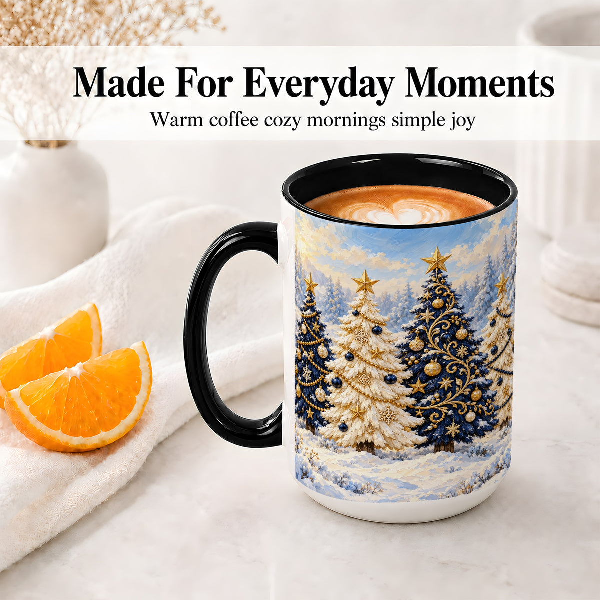 #pl[15oz|Black] Navy Blue Christmas Trees Accent Mug, Ceramic Holiday Coffee Cup