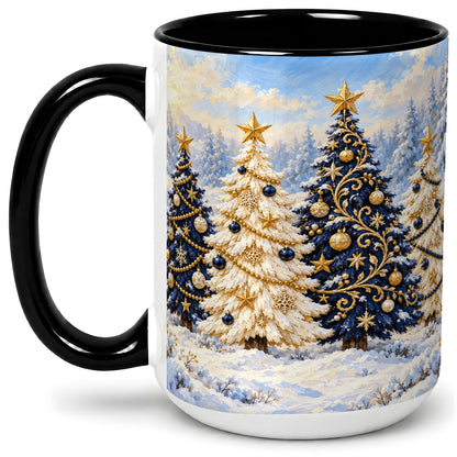 #pl[15oz|Black] Navy Blue Christmas Trees Accent Mug, Ceramic Holiday Coffee Cup